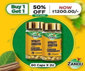Zandu Vitality Booster Capsules educes stress, boosts energy & stamina and improves performance. Buy 1 Get 1 Free